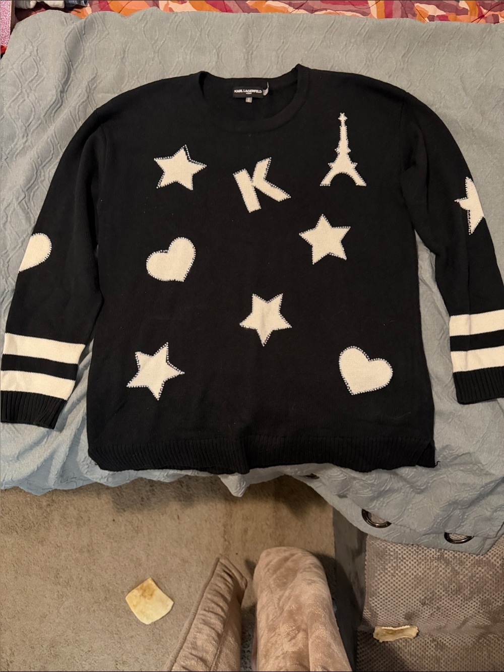 Karl Lagerfeld Black Crewneck Sweater with White Stars & Hearts
